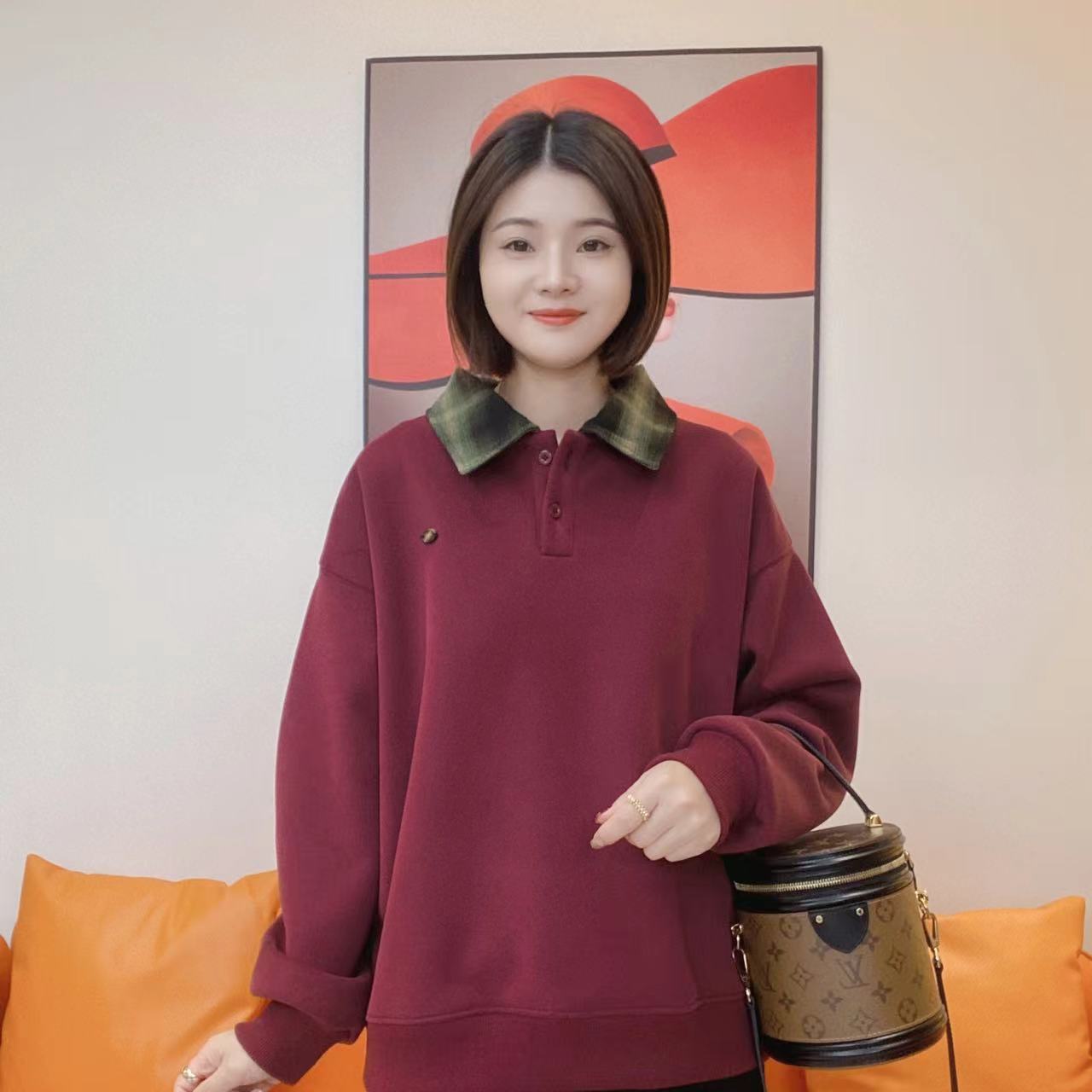 2025卫衣假两件长袖卫衣女拼接polo格子衬衫宽松D4552