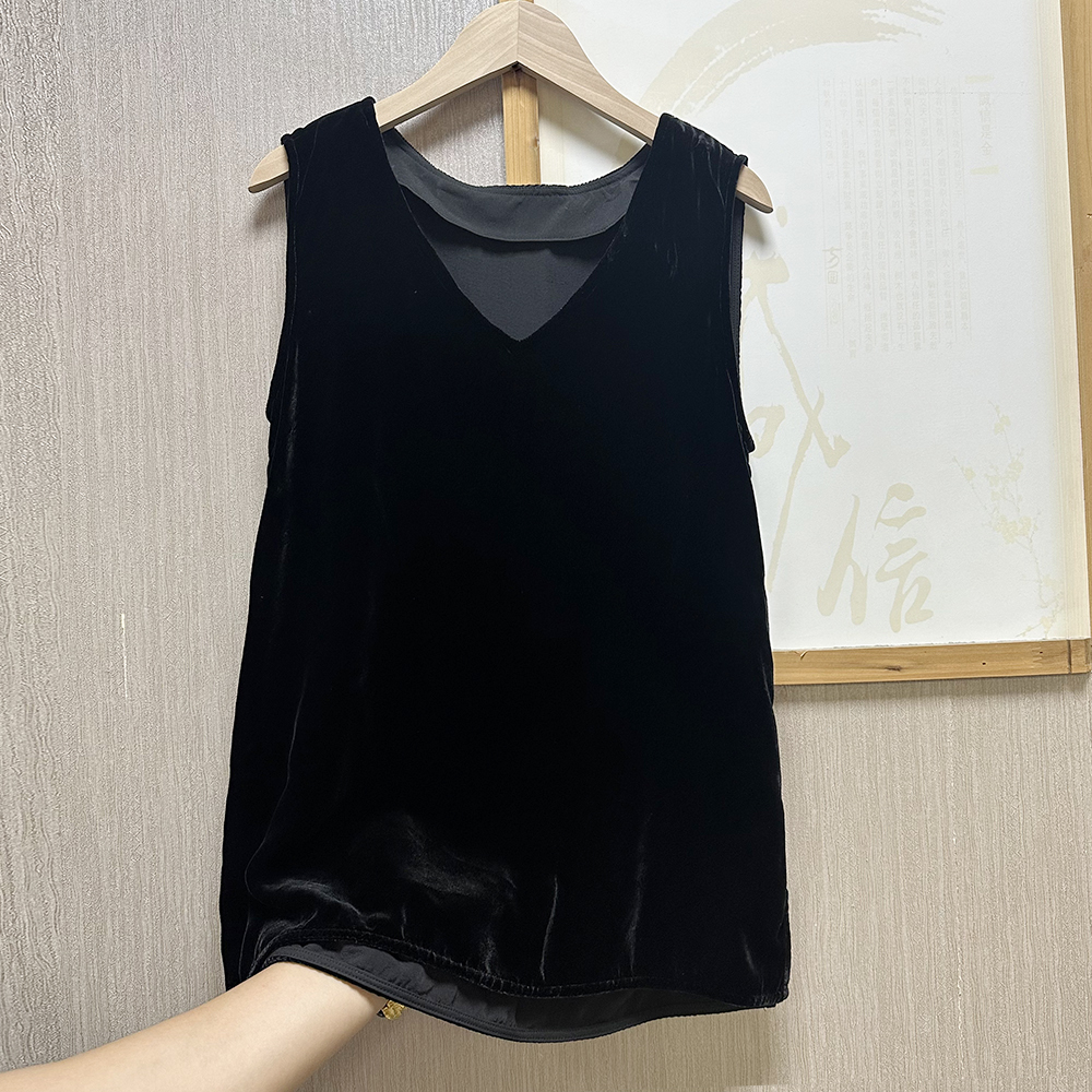 100桑蚕丝丝绒V领背心女复古宽松显瘦休闲百搭气质无袖上衣外穿