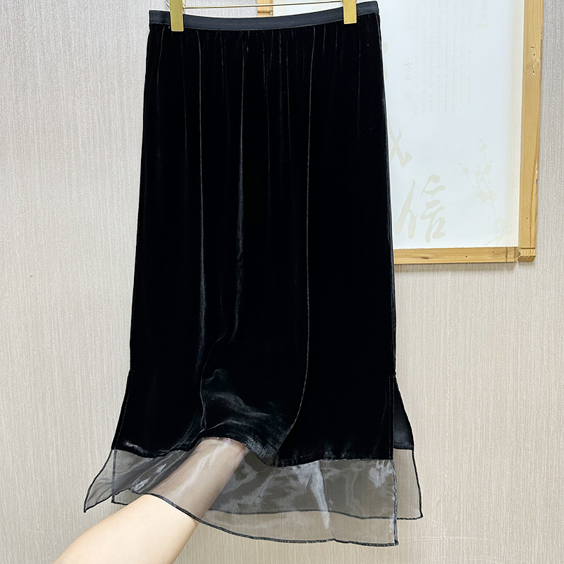 100桑蚕丝丝绒半裙女宽松法式拼接两边开叉真丝绒半身裙