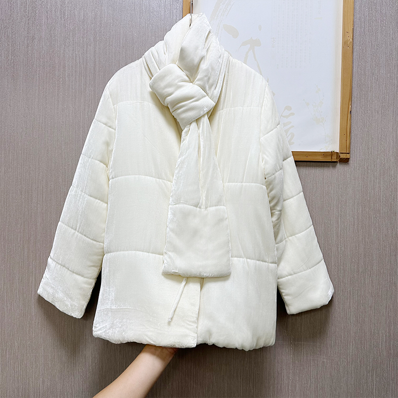 【送真丝围脖】100桑蚕丝丝绒棉服女新中式宽松休闲长袖真丝绒上衣