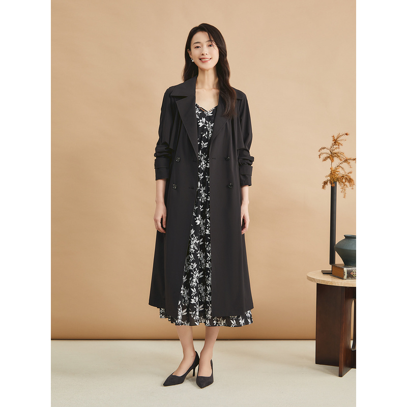 YINER音儿2024秋季新款斜纹四面弹西装领长款外套风衣8C64307036