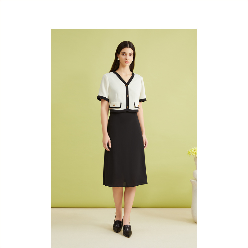 YINER音儿女装2024夏季新款法式撞色v领假两件连衣裙8C64205696