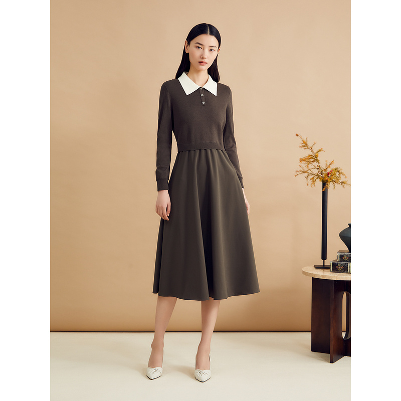 YINER音儿秋季新款桑蚕丝混纺撞色翻领小A字连衣裙8C34306070