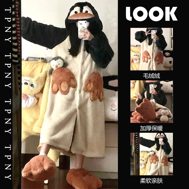 企鹅连帽珊瑚绒睡衣女冬款2023新款网红保暖加厚毛绒睡袍加绒外穿