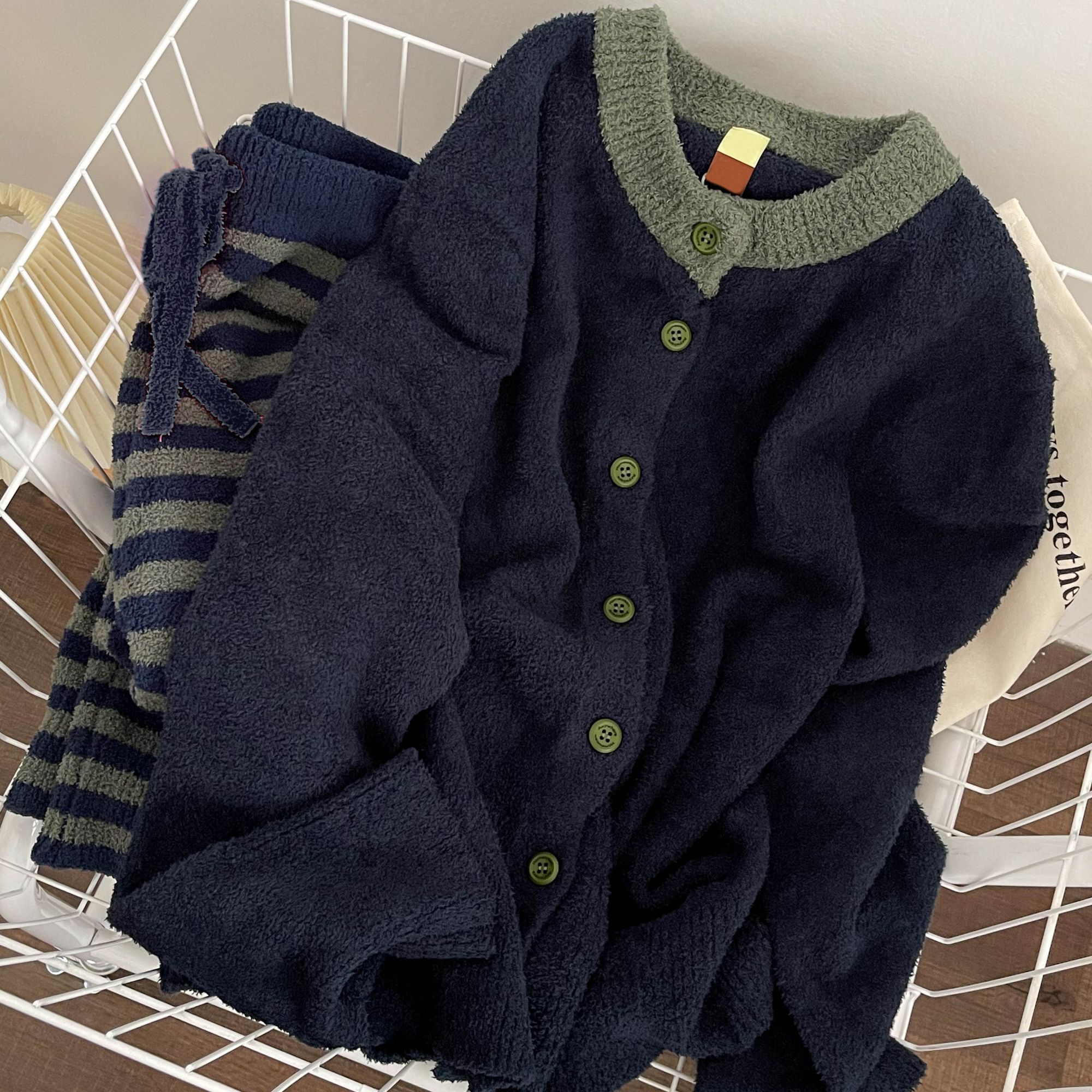 秋冬季加厚纯色简约针织半边绒睡衣女2024新款条纹长裤家居服套装