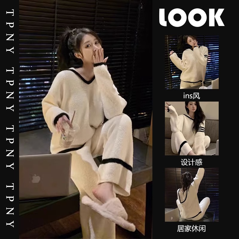 韩国绒居家珊瑚绒睡衣女冬季2024新款加绒加厚毛绒针织家居服套装