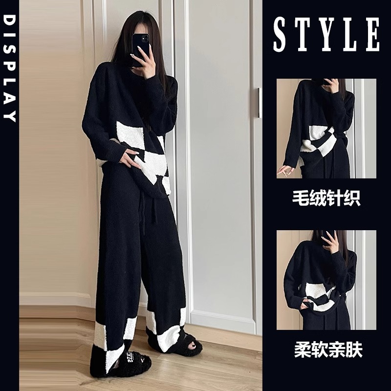 韩系棋盘格毛绒针织睡衣女冬款保暖加厚网红风高级家居服大码套装