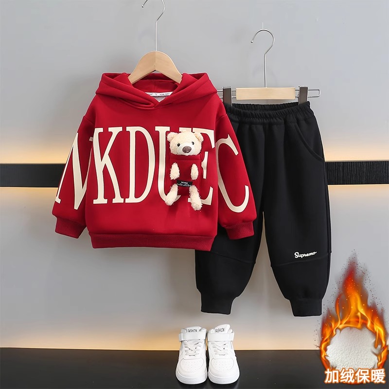 男童加绒套装帅气儿童装冬装加厚洋气男孩宝宝秋冬季衣服2023新款