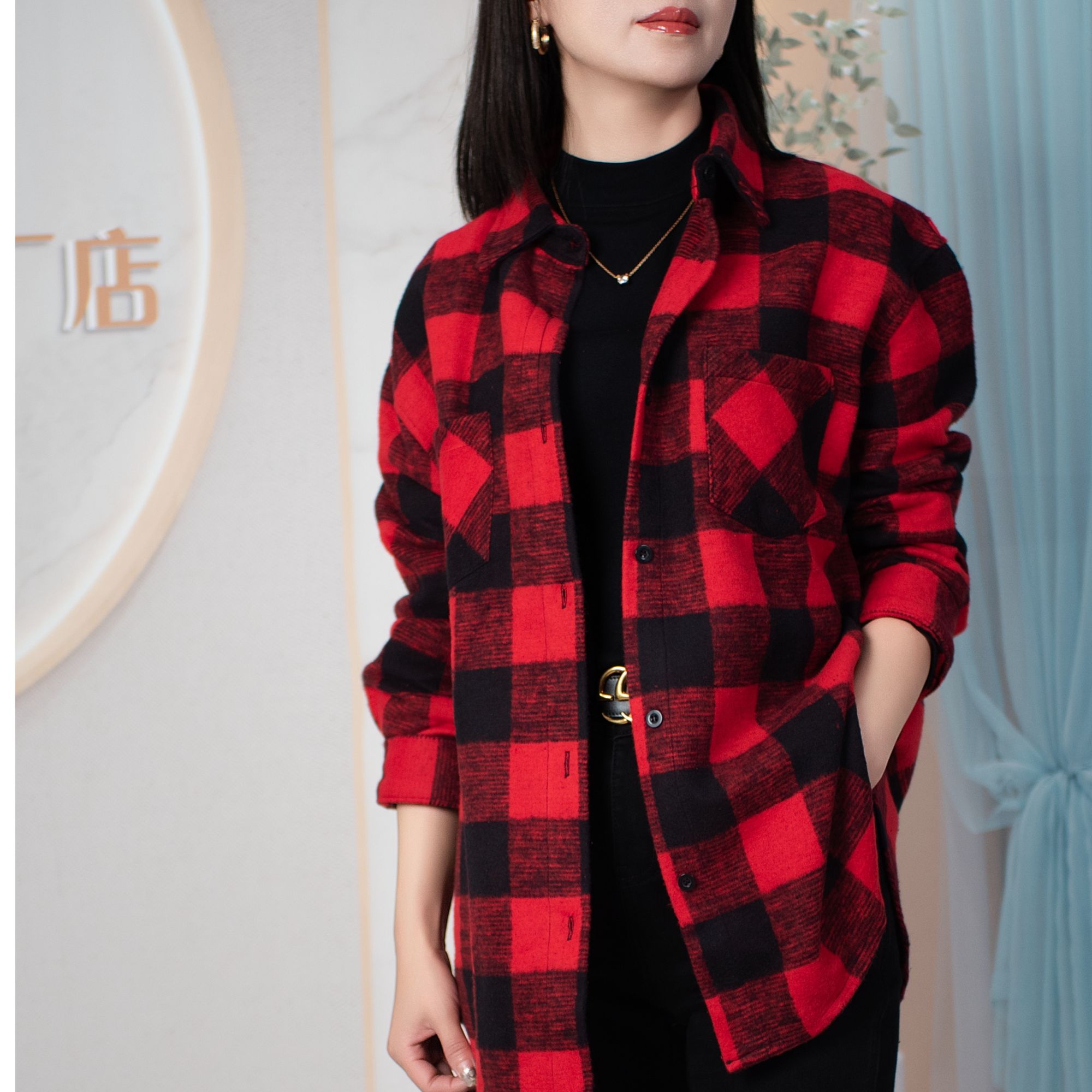 2024秋冬复古磨毛重磅加厚宽松格子衬衣新船长袖衬衫