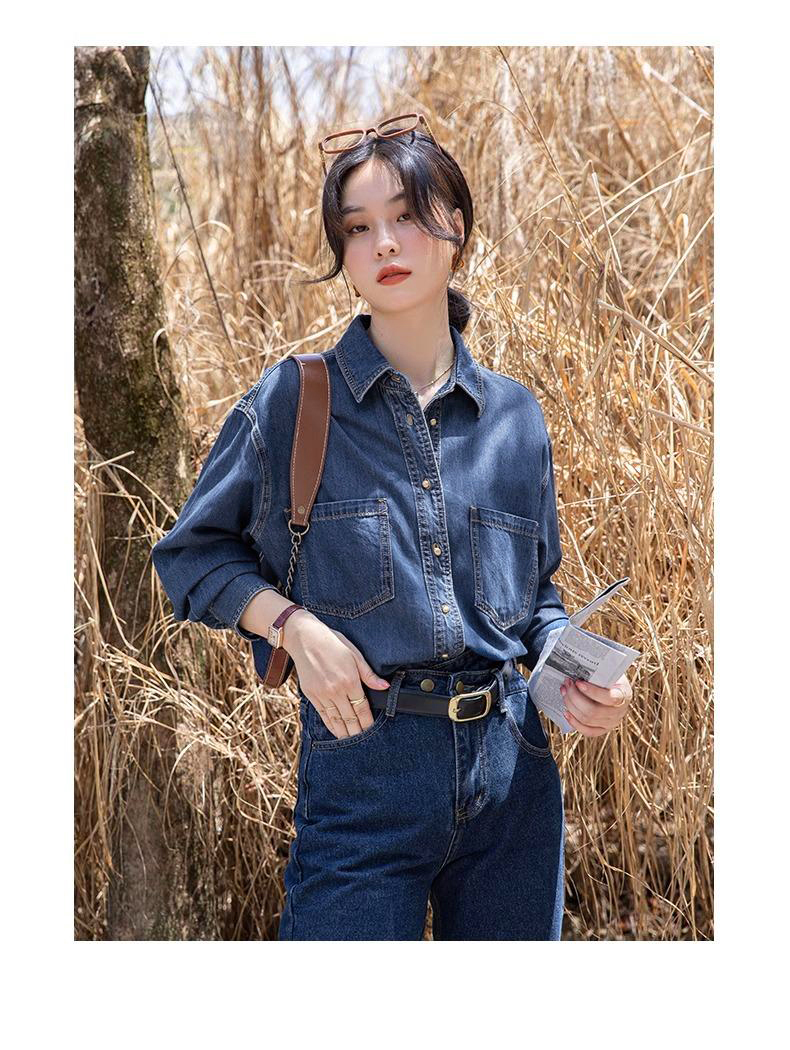 秋季女士加绒保暖牛仔衬衫显瘦百搭翻领打底复古休闲长袖时尚港味