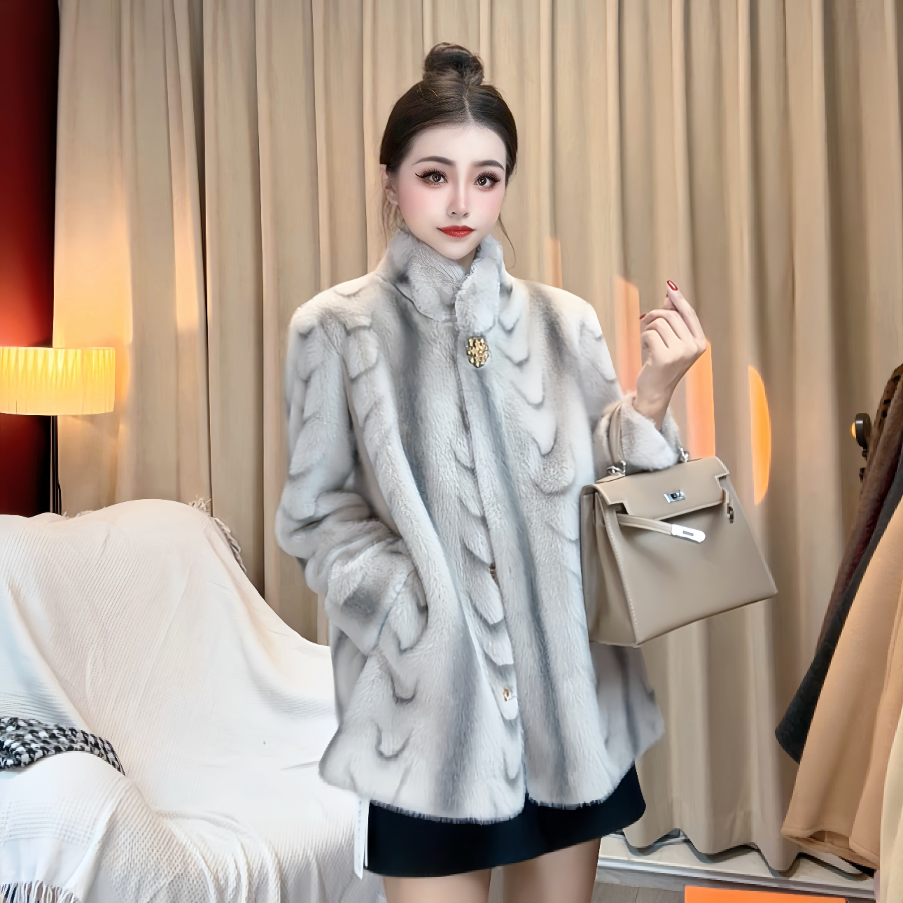 8817冬季皮毛一体轻奢百搭设计师加厚毛绒女士时尚外套小香风气质