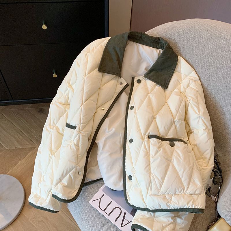 时尚款羽绒衣小香风撞色菱格翻领棉服秋冬女2023时尚宽松百搭短款