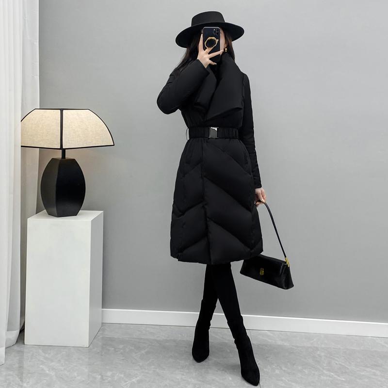 时尚款羽绒衣2023冬季新款黑色修身过膝中长款羽绒服女小个子收腰