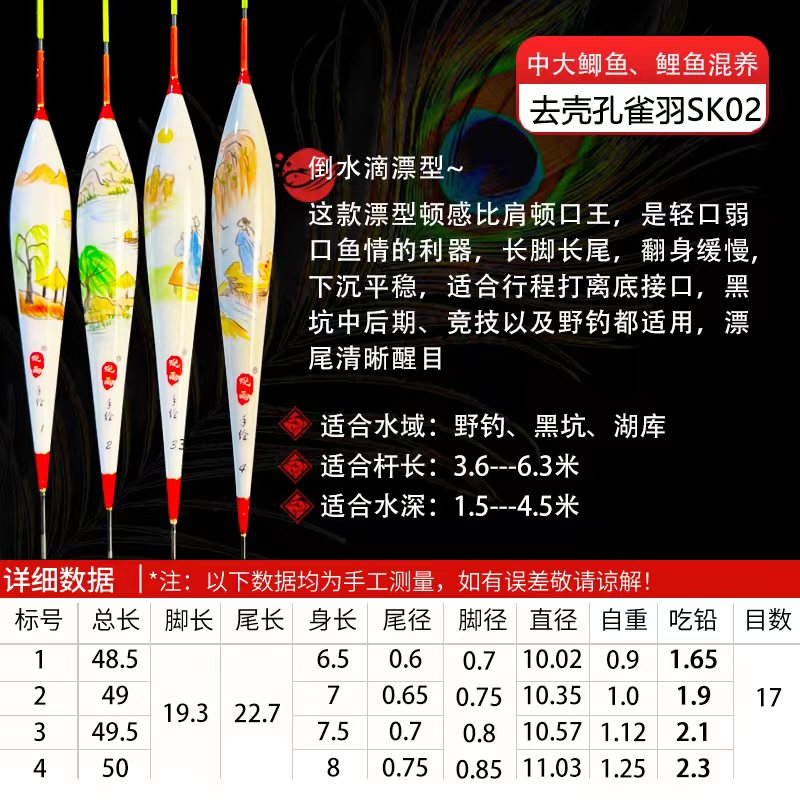 唐诗垂柳蜓雨sk-02手绘手作去壳羽毛孔雀羽浮漂高灵敏度加粗醒目