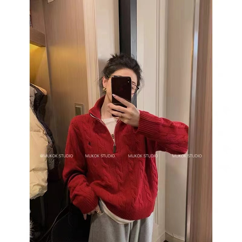 2025网红新款半拉链麻花针织衫软糯亲肤气质爆款时尚宽松套头毛衣