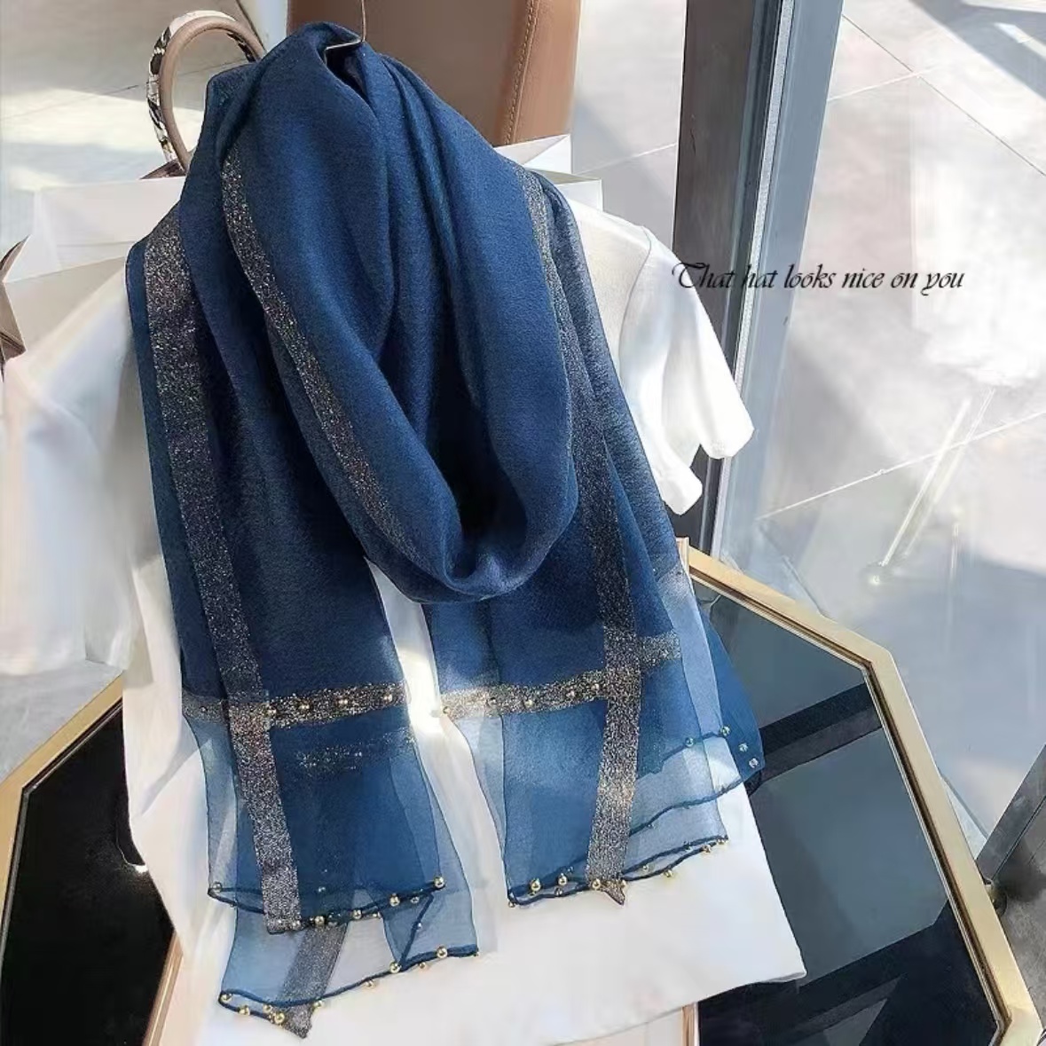 【藏青色钉珠】手工款钉珠百搭保暖御寒真丝羊毛围巾披肩