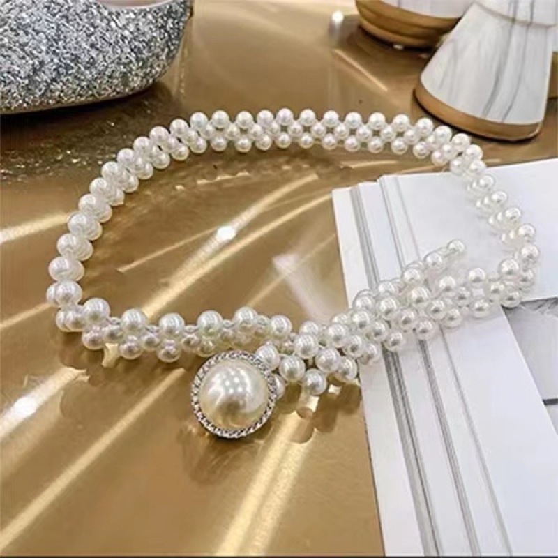 高弹力珠珠腰带时尚百搭法式网红白色