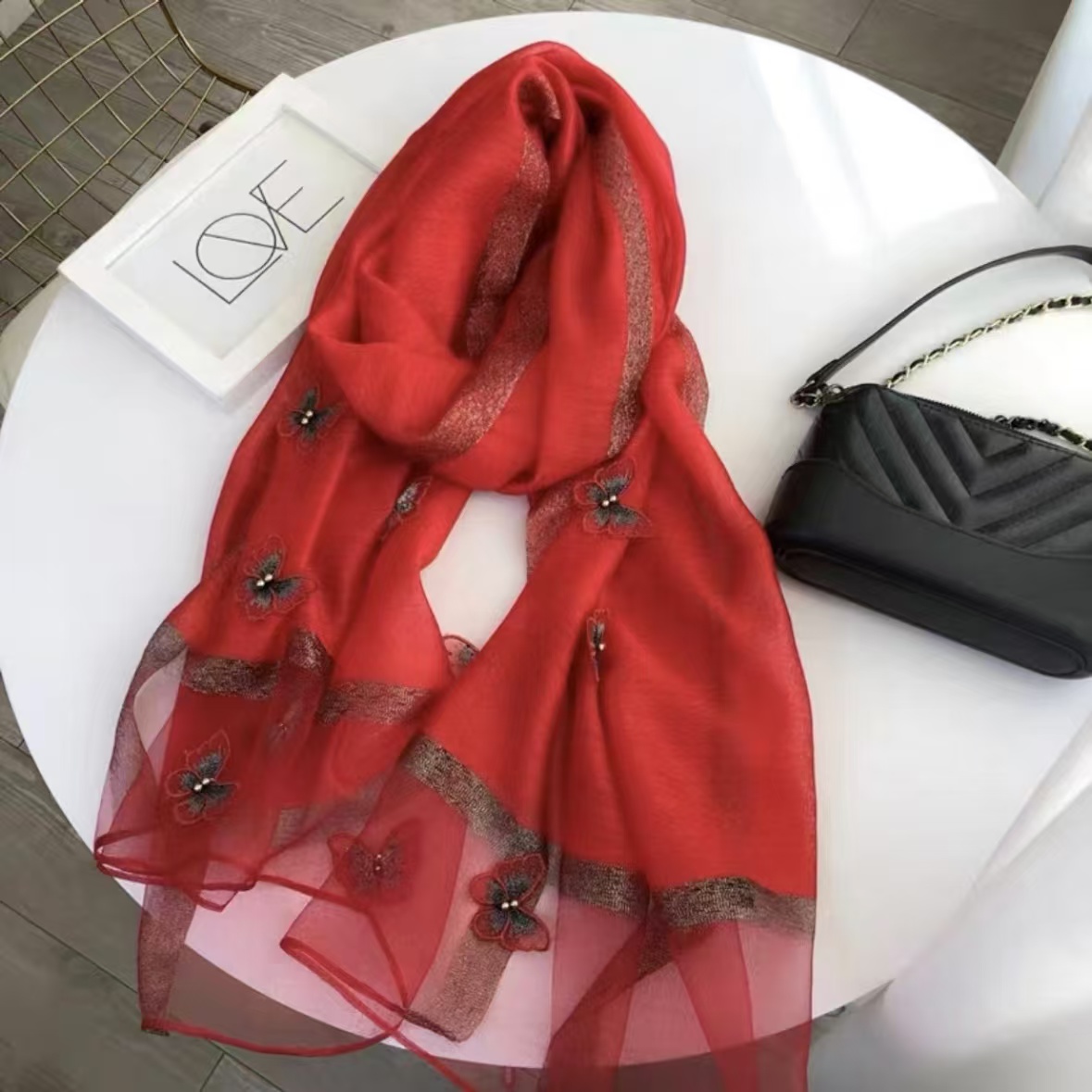 【大红色蝴蝶飞飞】手工钉珠百搭保暖御寒真丝羊毛围巾披肩