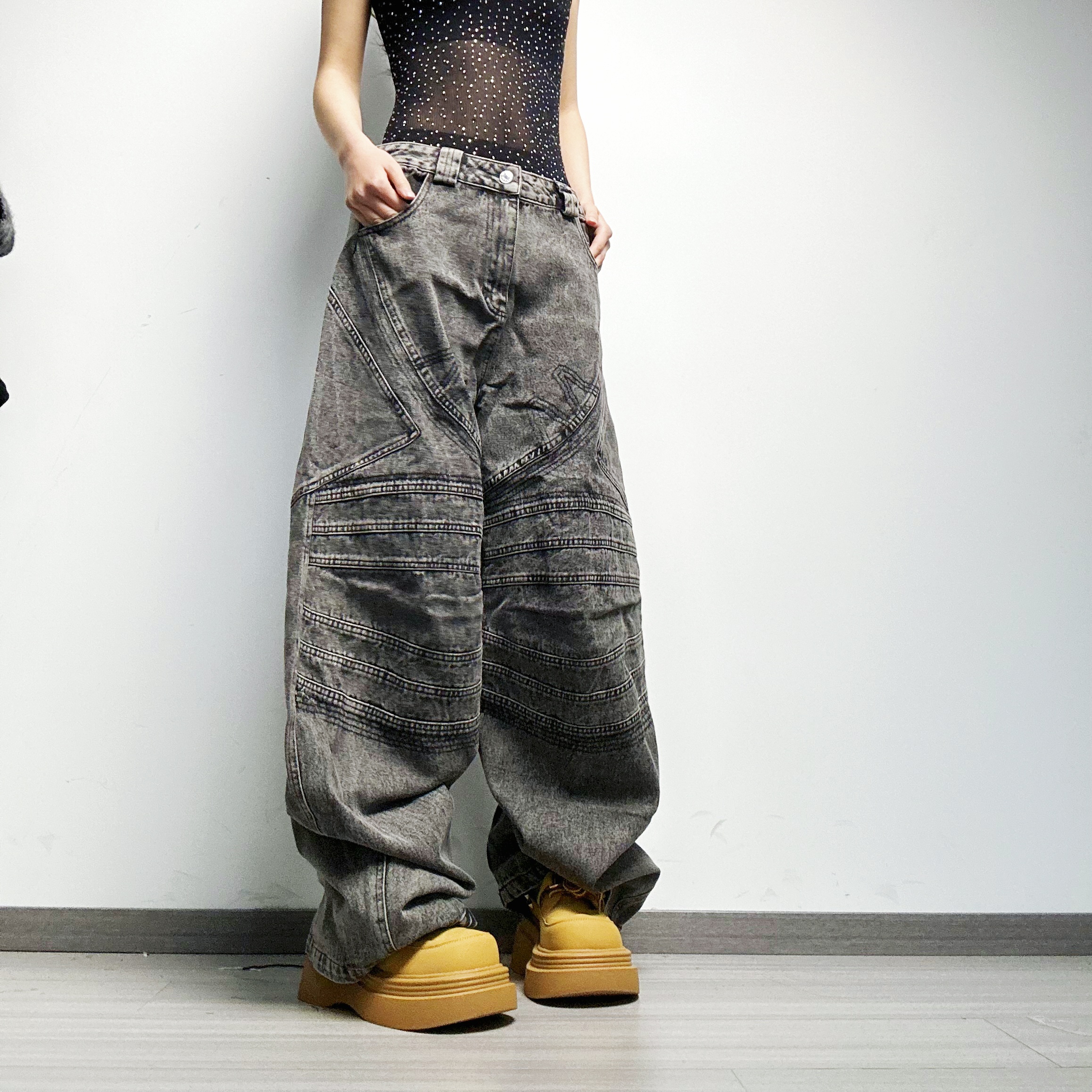（一）十三姨重工水洗牛仔裤男女龙爪抓痕小众设计美式宽松阔腿裤