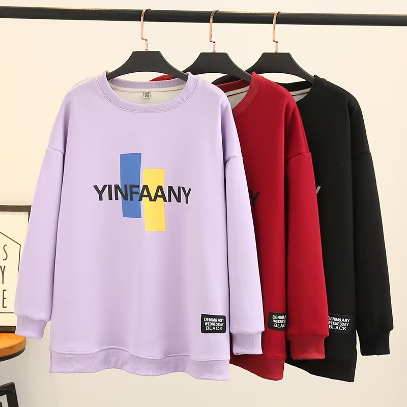 YF2045韩版时尚ins字母印花大码女装加绒加厚百搭卫衣秋冬休闲