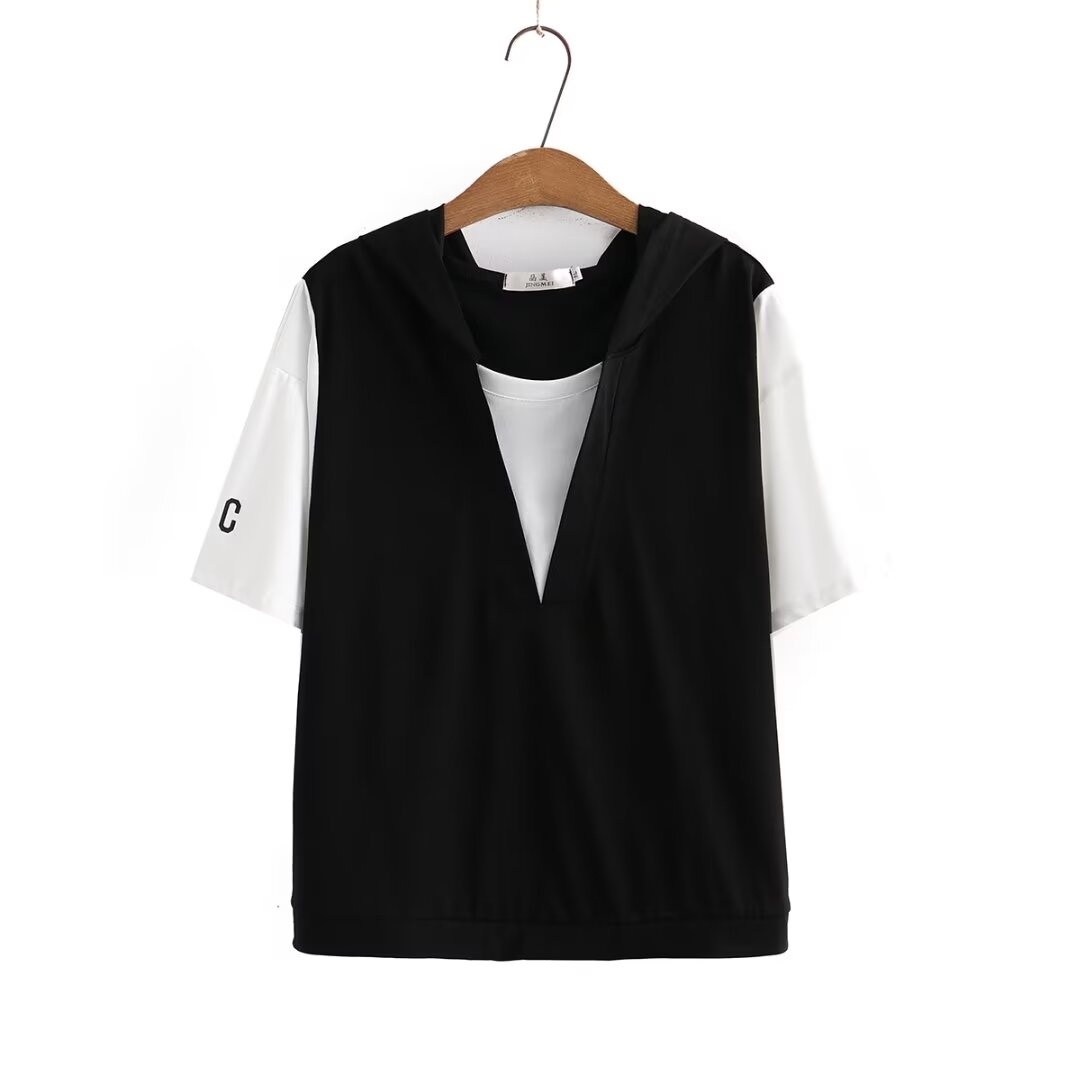 JM230条纹连帽大码女装T恤时尚休闲百搭夏季上衣宽松假两件套头衫