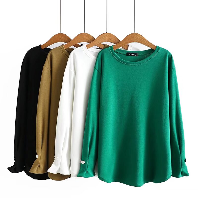 YZ009纯色喇叭袖大码女装T恤春秋长袖百搭宽松圆领韩版套头打底衫