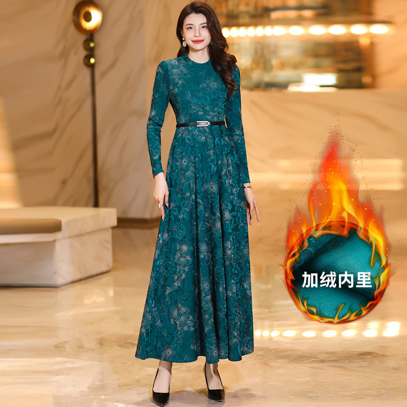 香衣丽华冬季新款加厚加绒长款过膝打底修身显示气质长裙