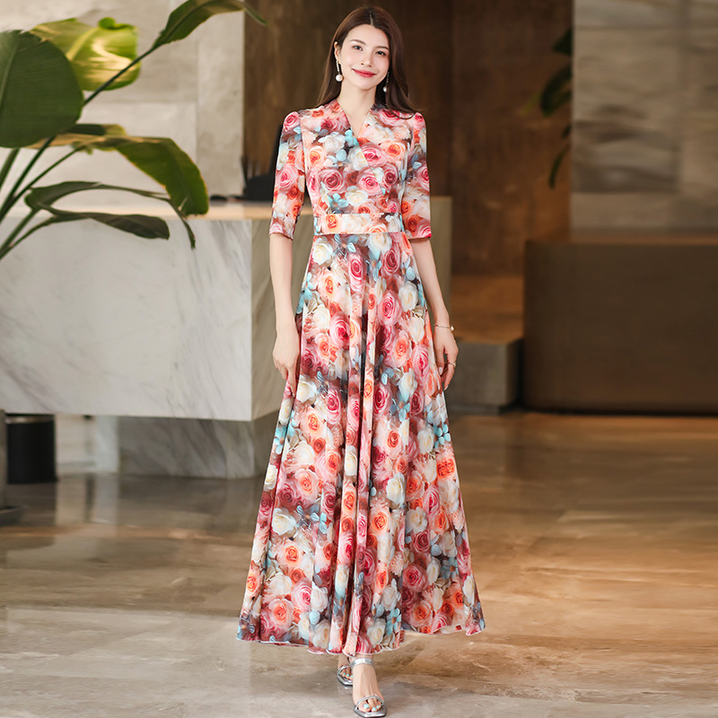 香衣丽华28-269长款过膝大摆连衣裙修身显瘦气质简约长裙