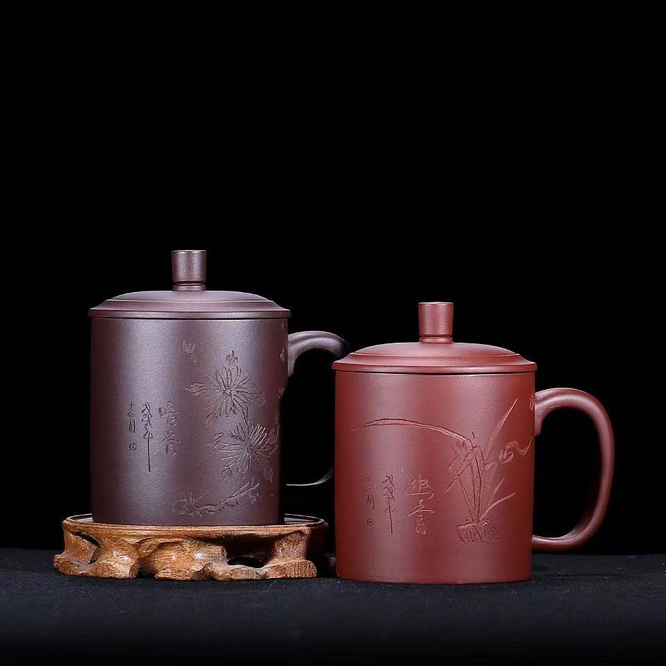 宜兴紫砂杯泡茶杯纯手工功夫茶具原矿紫泥璞玉盖杯办公家用水杯