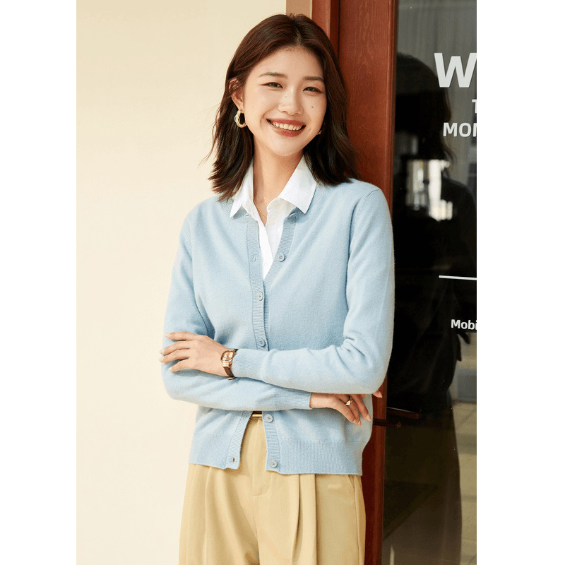 hanyang/晗洋圆领纯羊毛开衫女秋冬针织衫纯色毛衣外套外搭针织衫