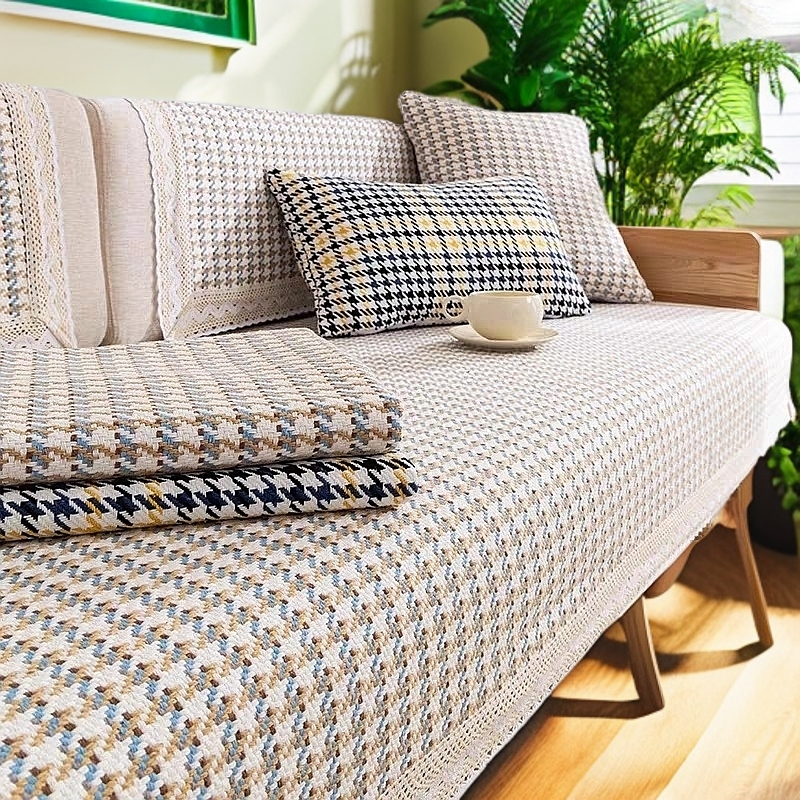 四季款布艺沙发垫加厚防滑舒适透气沙发套盖布千鸟格高档沙发坐垫