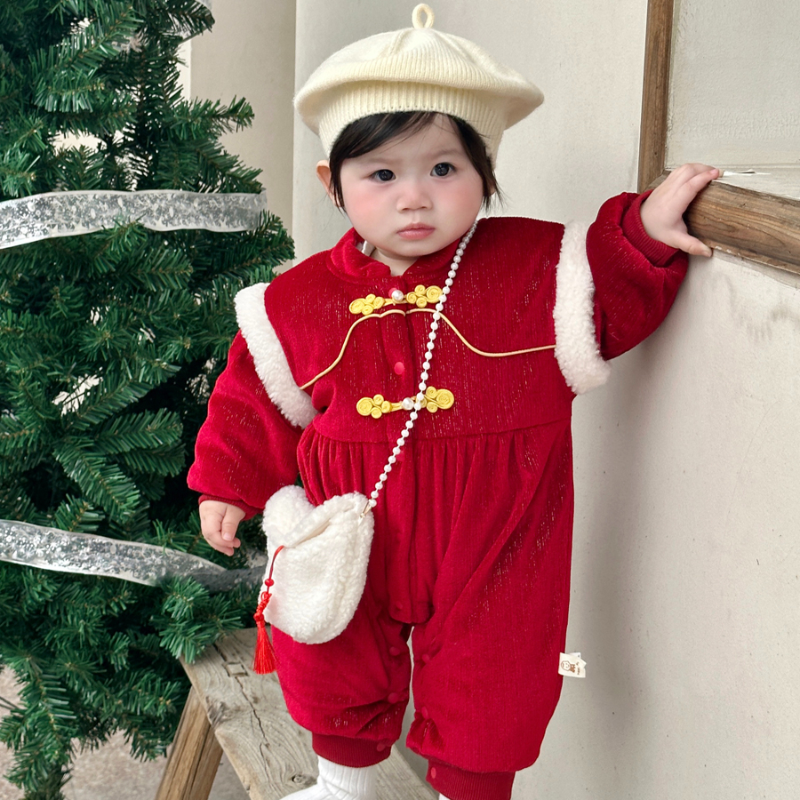 婴儿拜年服冬季中国风新年装新年喜庆红色女宝宝连体衣过年爬爬服