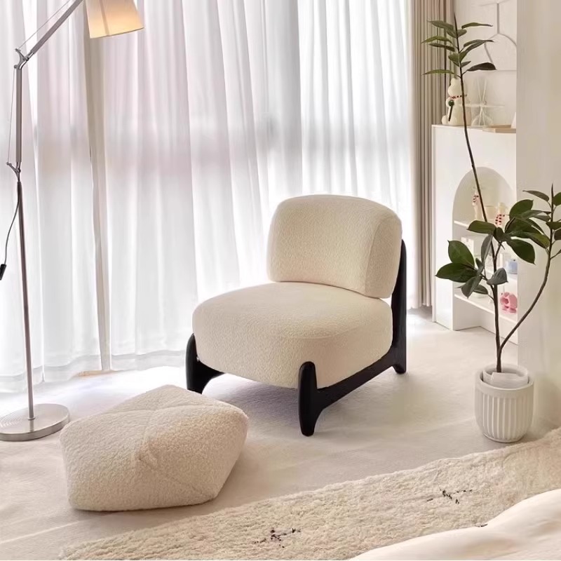 侘寂风中古风阳台客厅实木布艺沙发椅异形休闲懒人羊羔绒单人椅