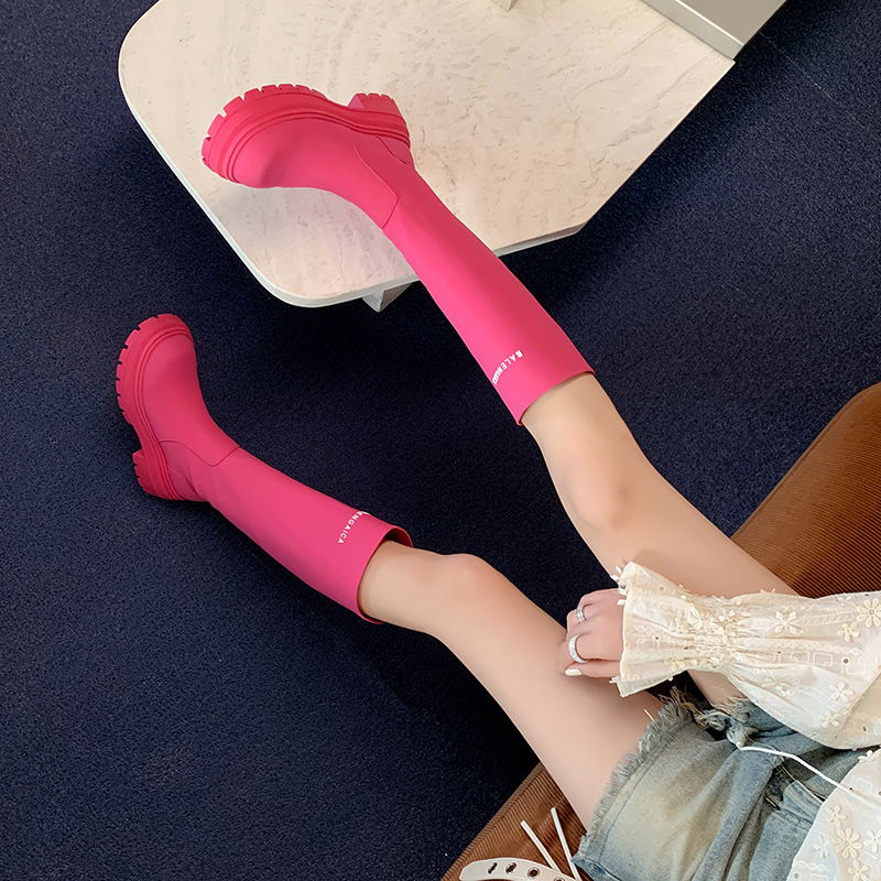 全真皮松糕厚底增高筒长靴子女骑士靴秋冬季小筒围显瘦瘦腿玫红色