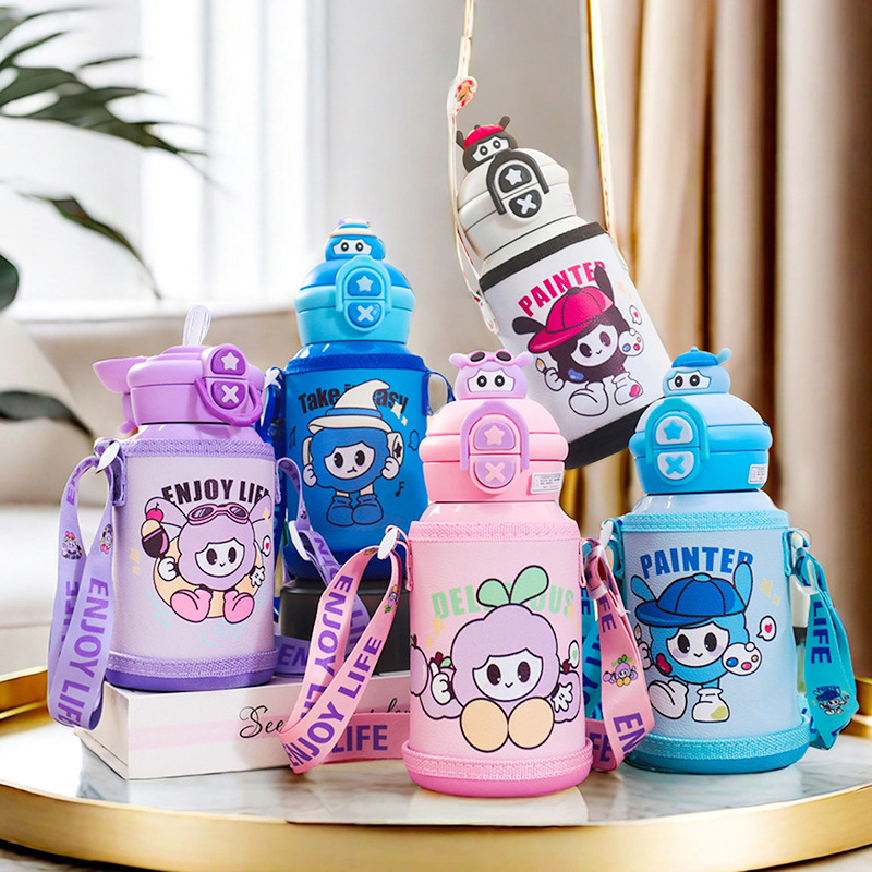 便携背套学生安全316不锈钢保温杯卡通公仔双饮水杯防摔直饮杯子