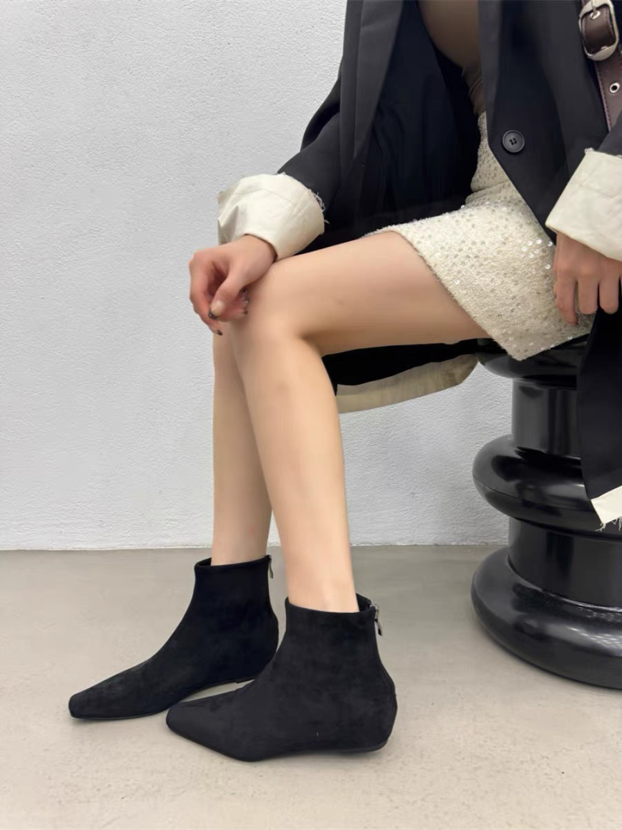 内增高方头瘦瘦靴短靴女鞋子2024年秋冬新款绒面法式百搭加绒保暖