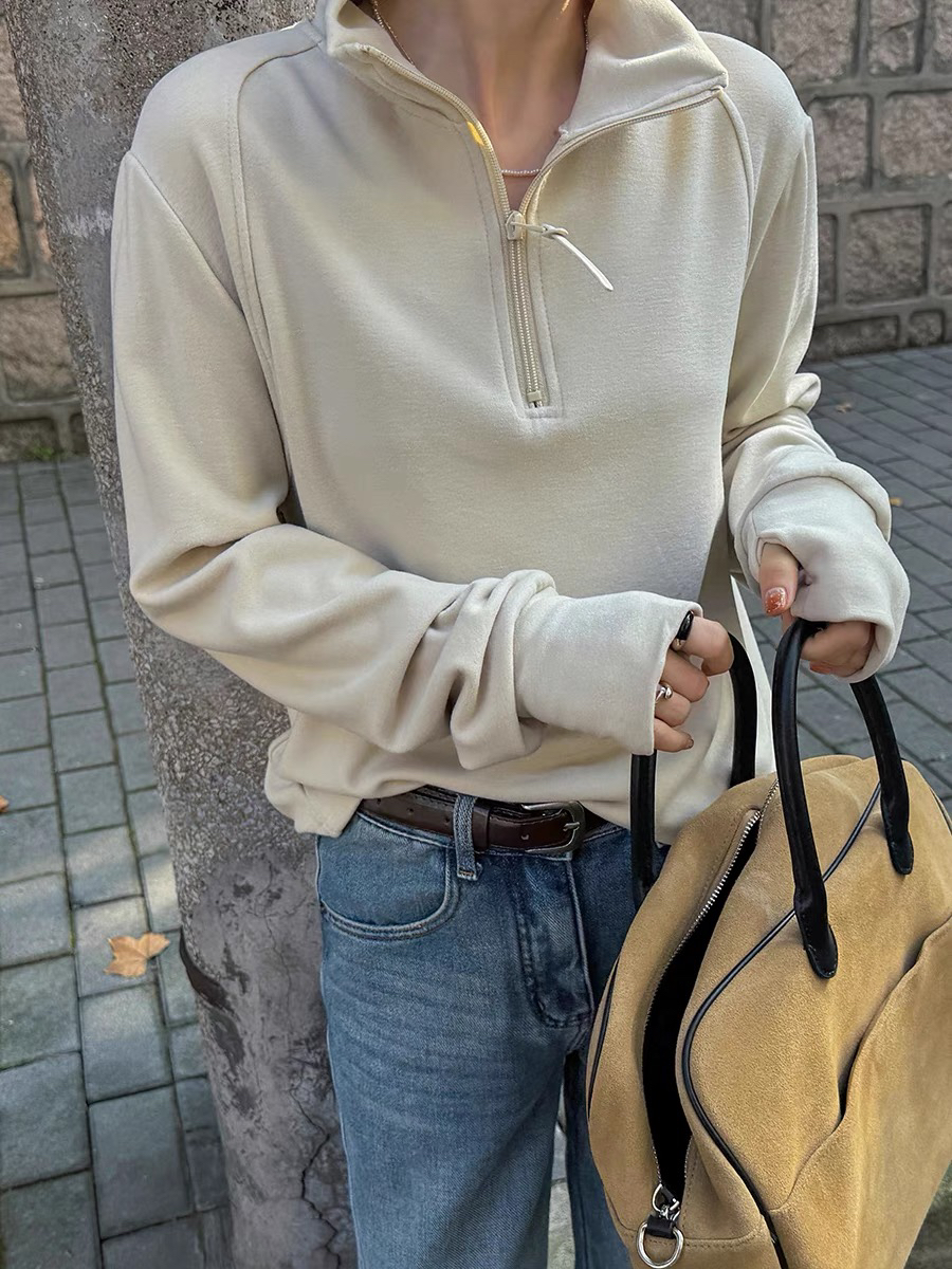 加厚德绒半拉链卫衣女秋冬季欧货洋气内搭打底衫百搭立领套头上衣