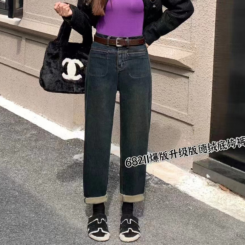 芭莎basha香港花牌宽松时尚前面口袋加绒小哈伦牛仔裤女2024冬季