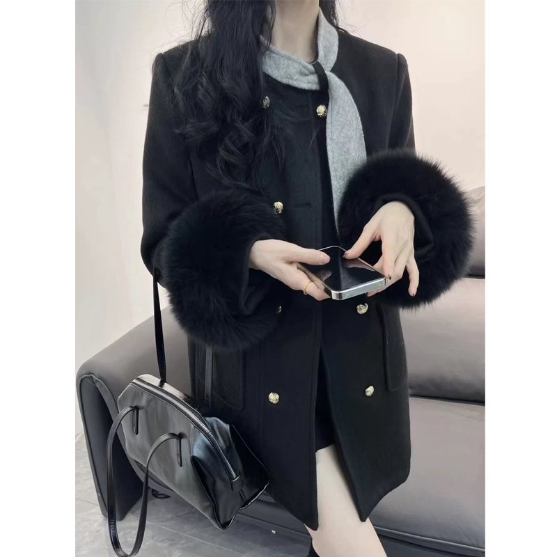 【24169】撞色领结可拆卸毛毛袖中长款毛呢外套女