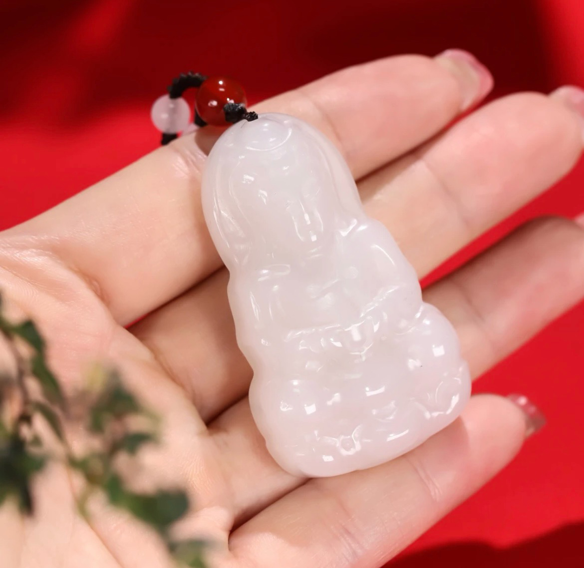 新疆金丝玉立体观音毛衣链吊坠无事牌白色挂件