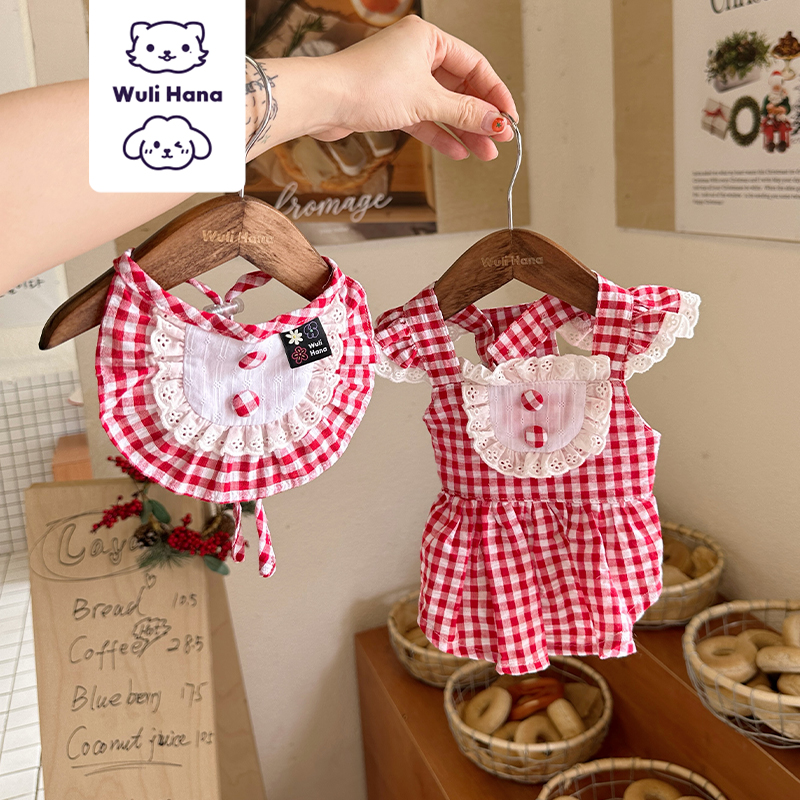 窝里横Wuli Hana宠物衣服狗狗格子裙猫咪连衣裙小型犬花边裙子