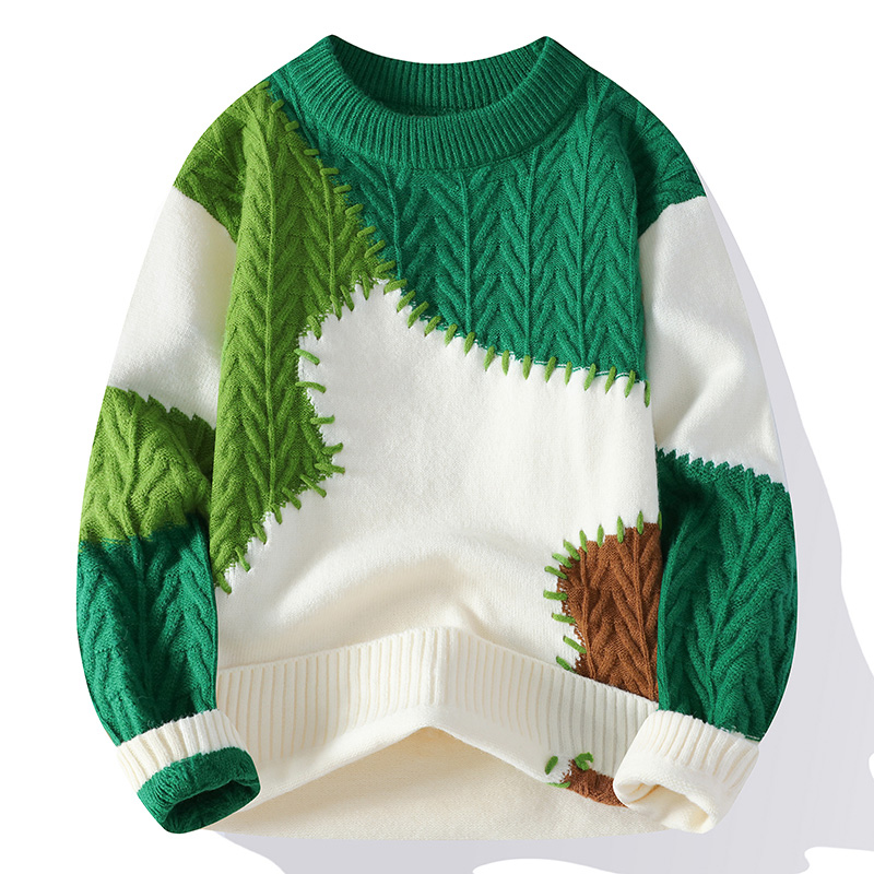 QiaoShiDi024秋冬新款潮流青年拼色针织圆领时尚百搭打底保暖毛衣