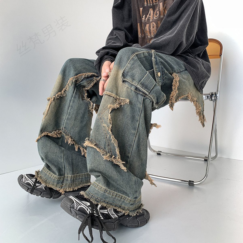 拼接毛边工装牛仔裤男秋季美式复古阔腿高街春秋宽松