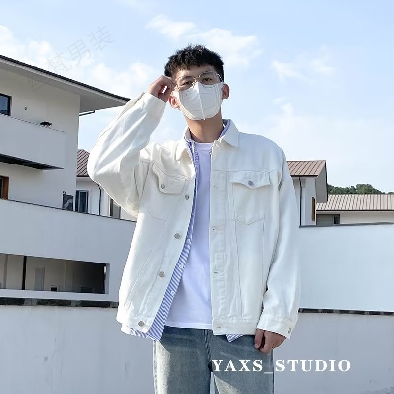 秋冬白色牛仔外套男韩版潮牌复古工装夹克衫时尚痞帅