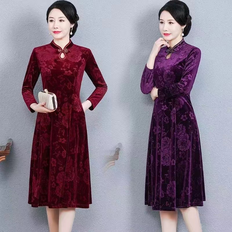 妈妈装气质国风复古盘扣改良旗袍裙长袖中长款妈妈装显瘦春秋洋气