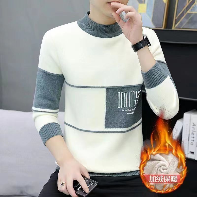 一体绒毛衣男韩版秋冬季新款加绒加厚青少年针织衫半高领学生款