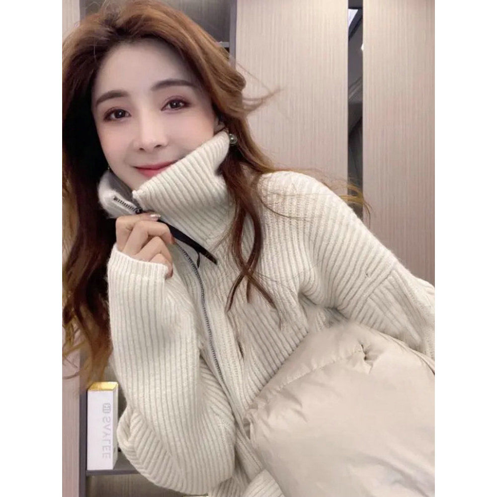 高领拉链加厚毛衣女卫衣秋冬新款坑条中长款慵懒风宽松针织衫上衣