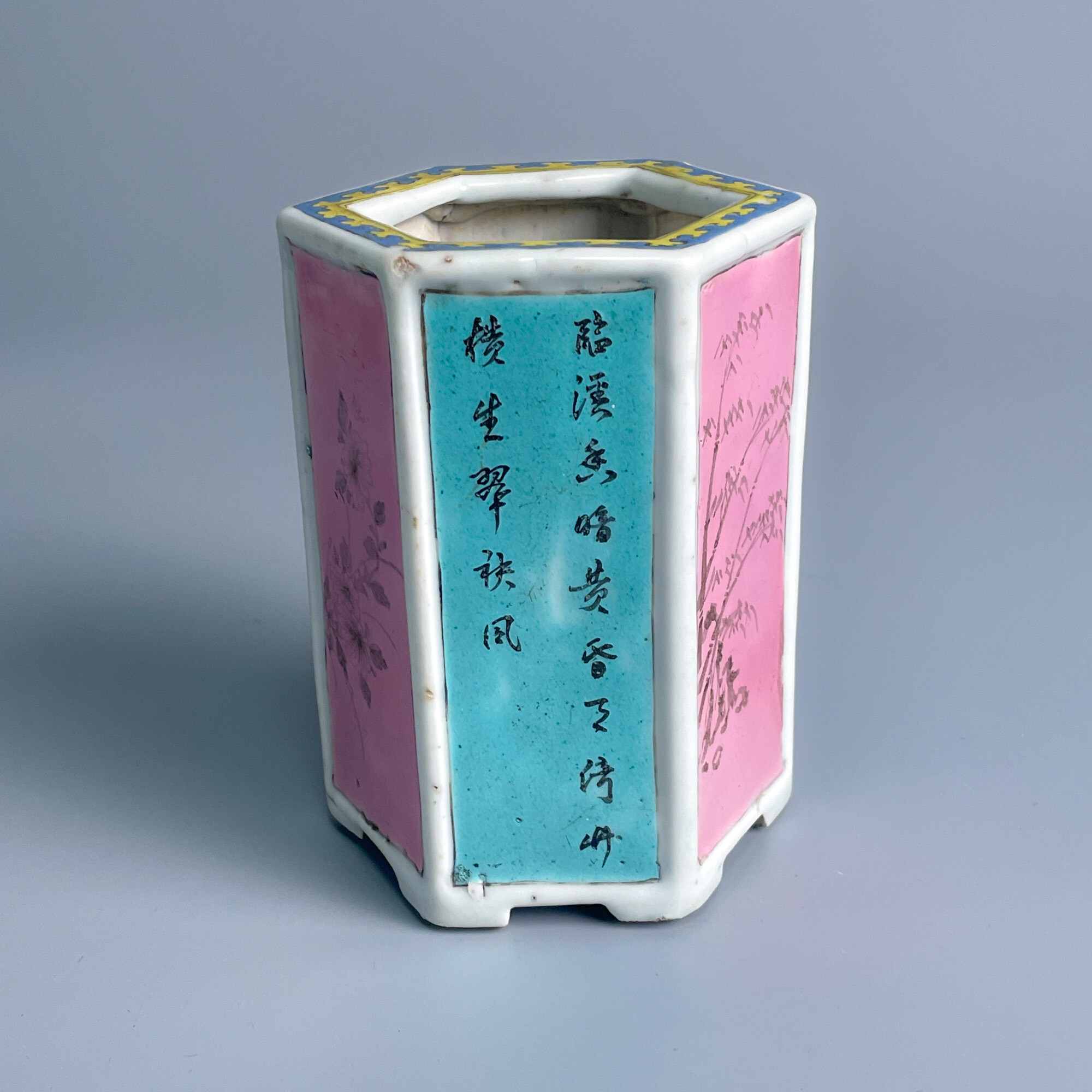 瓷器/古董清雍正粉彩花卉诗文六方笔筒-M2XKA001166/文物/绣花张