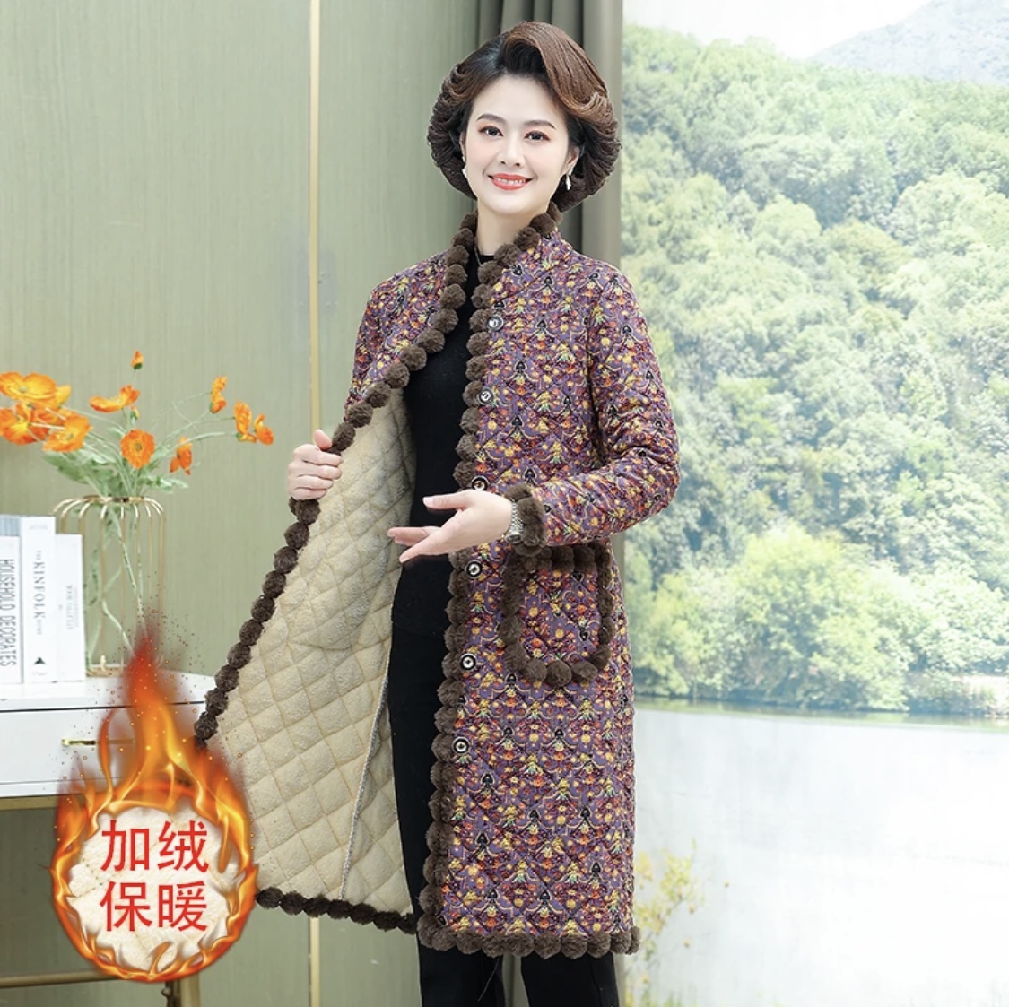 妈妈装冬季中长款加厚棉服气质女士加绒棉衣中老年立领大码棉袄