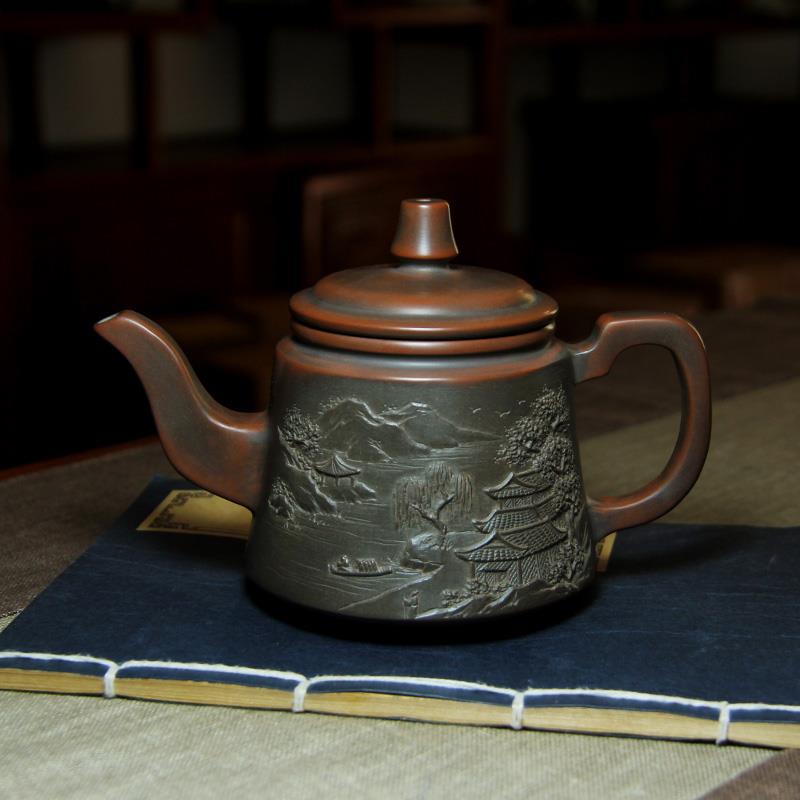 广西钦州坭兴陶名家山水浮雕省师全手工原矿功夫茶紫泥（顺丰包邮）